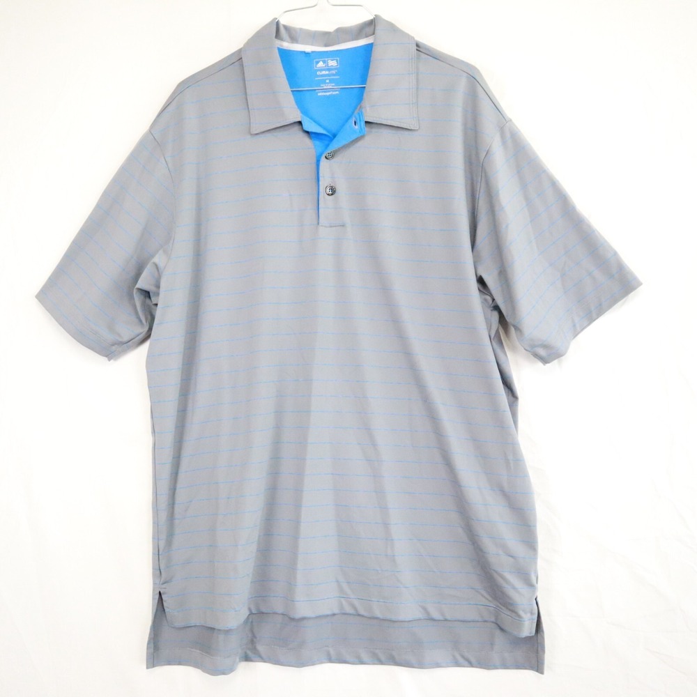 Adidas Golf Polo‎ Shirt Mens Medium Climalite Stretch Gray Striped Short Sleeve
